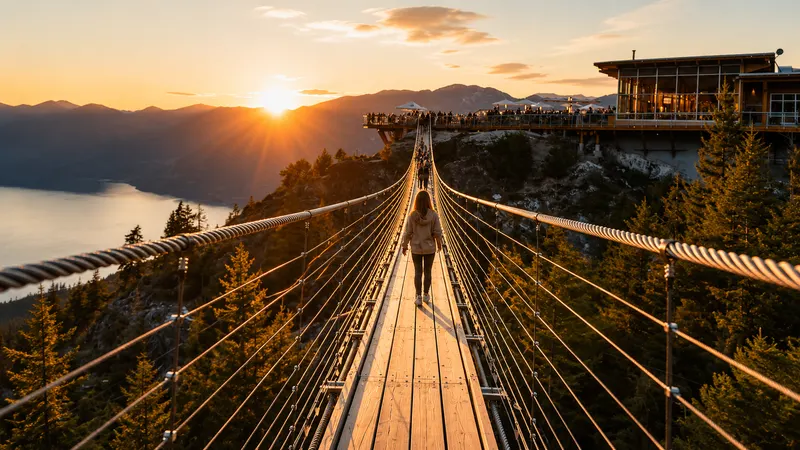 Sea to Sky Gondola suspension bridge above Howe Sound at sunset